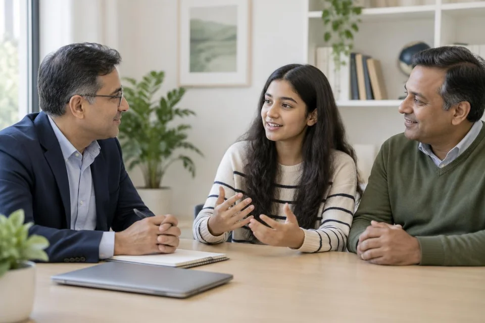 A student and her father discussing future options with a male consultant