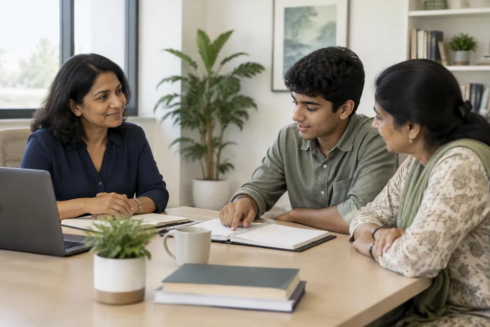 A teenage boy discussing his interests with a female consultant and his mother