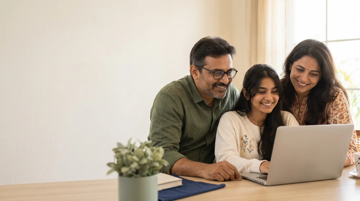 Parents and their teenage daughter confidently exploring future study options together