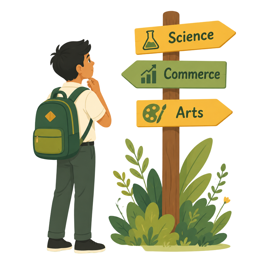 A student looking at signposts for Science, Commerce and Arts