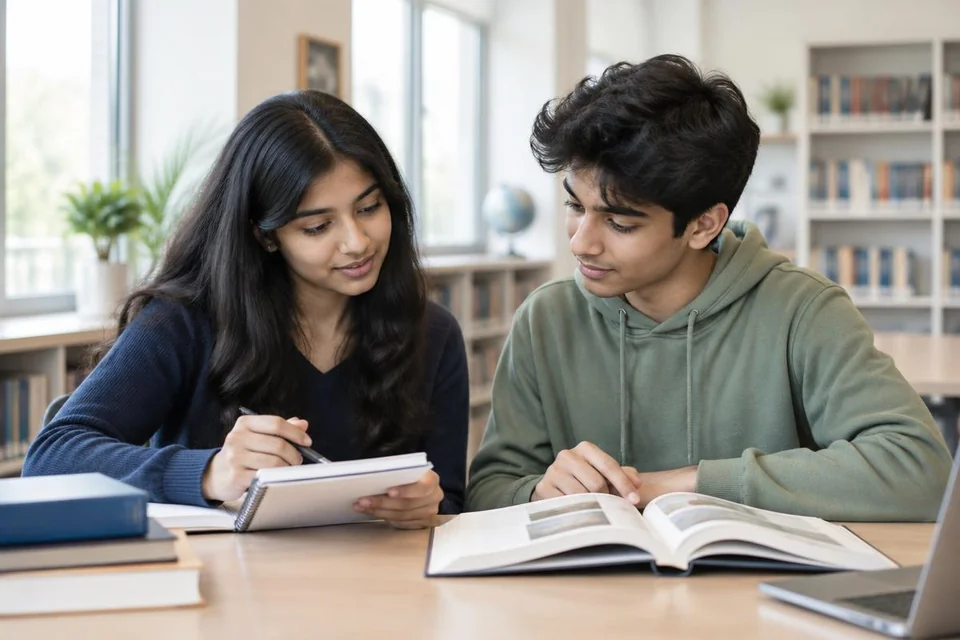 A male and female student comparing their study notes